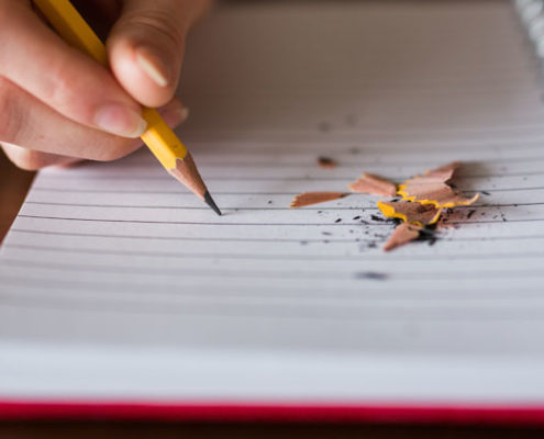 Pencil shavings on a notebook